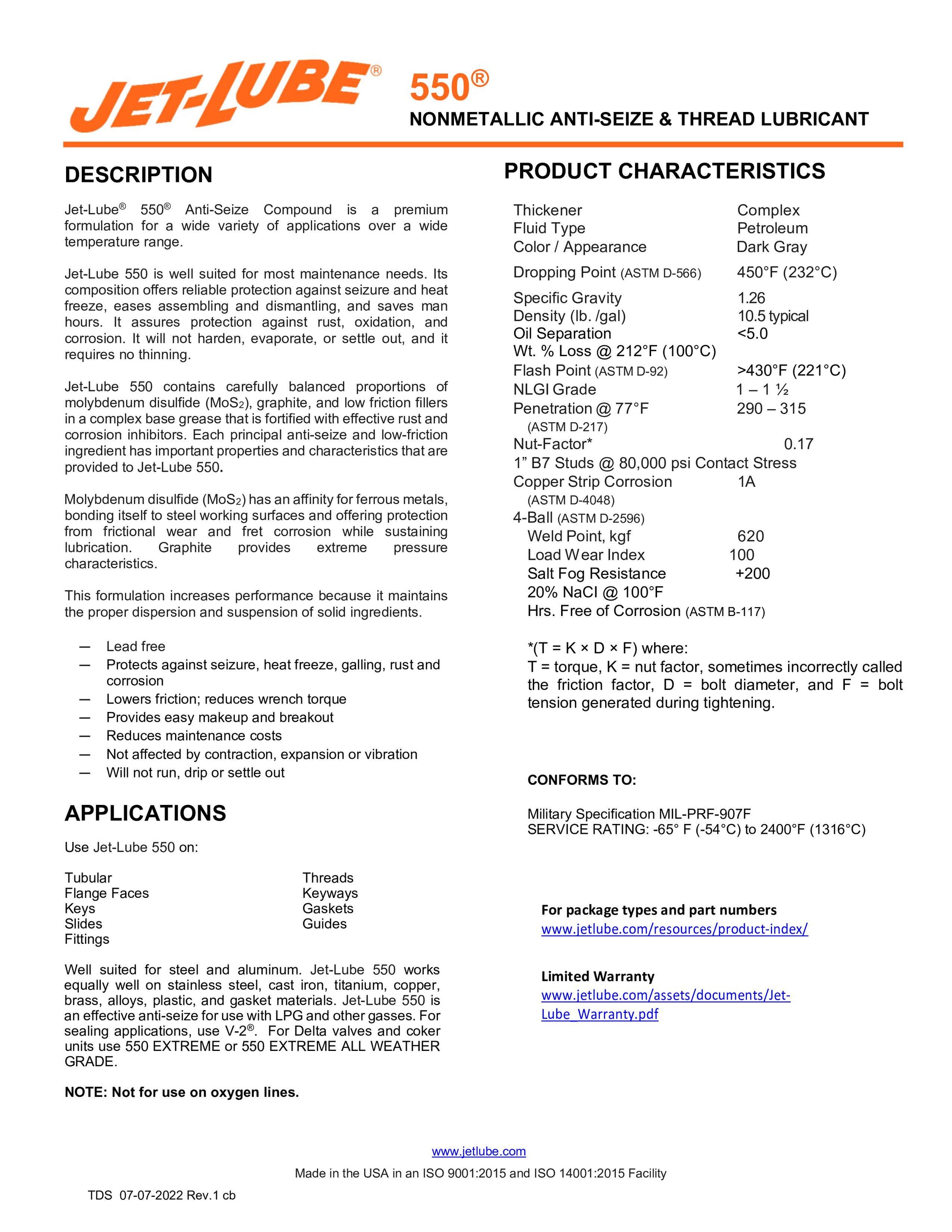 JetLube 550® Nonmetallic Anti-Seize and Thread Lubricant